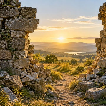 Die Mauer fällt – Raum für lebendigen Glauben Weg durch eine eingestürzte Steinmauer mit Blick auf eine weite Landschaft im goldenen Morgenlicht.