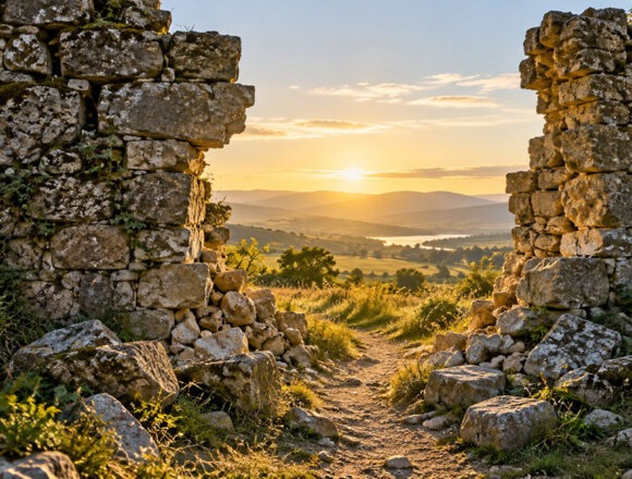 Die Mauer fällt – Raum für lebendigen Glauben Weg durch eine eingestürzte Steinmauer mit Blick auf eine weite Landschaft im goldenen Morgenlicht.