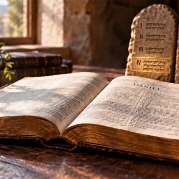 Daniel und der Sabbat: Das vierte Gebot im Mittelpunkt Aufgeschlagene Bibel beim Buch Daniel vor zwei Steintafeln mit zehn angedeuteten Geboten; das vierte Gebot ist hell hervorgehoben und golden umrahmt.