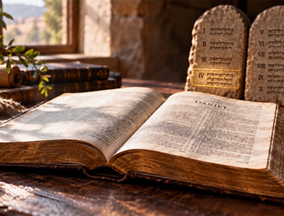 Daniel und der Sabbat: Das vierte Gebot im Mittelpunkt Aufgeschlagene Bibel beim Buch Daniel vor zwei Steintafeln mit zehn angedeuteten Geboten; das vierte Gebot ist hell hervorgehoben und golden umrahmt.