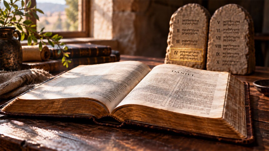 Daniel und der Sabbat: Das vierte Gebot im Mittelpunkt Aufgeschlagene Bibel beim Buch Daniel vor zwei Steintafeln mit zehn angedeuteten Geboten; das vierte Gebot ist hell hervorgehoben und golden umrahmt.