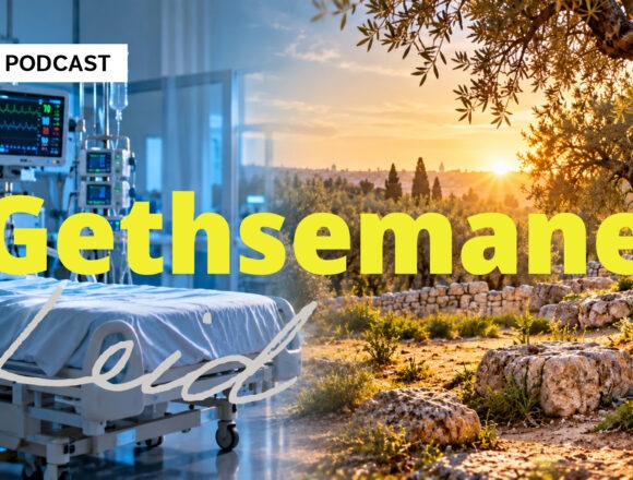 Gott begleitet uns im Leid – Gethsemane und Hoffnung Intensivstation mit Krankenbett links und Olivenhain im Sonnenlicht rechts, darüber die Schriftzüge „Gethsemane“ und „Leid“.