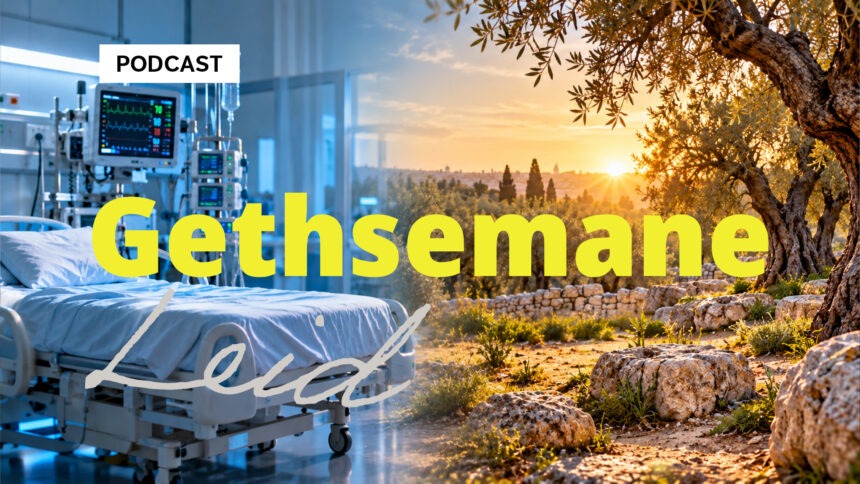 Gott begleitet uns im Leid – Gethsemane und Hoffnung Intensivstation mit Krankenbett links und Olivenhain im Sonnenlicht rechts, darüber die Schriftzüge „Gethsemane“ und „Leid“.