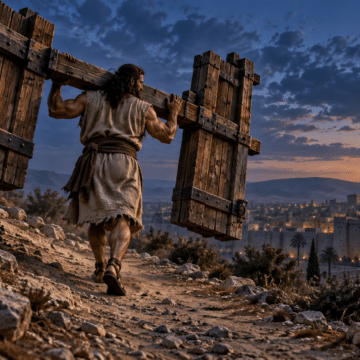 Simson Carries the Gate of Gaza Samson carries the heavy wooden city gates of Gaza on his shoulders up a rocky slope.