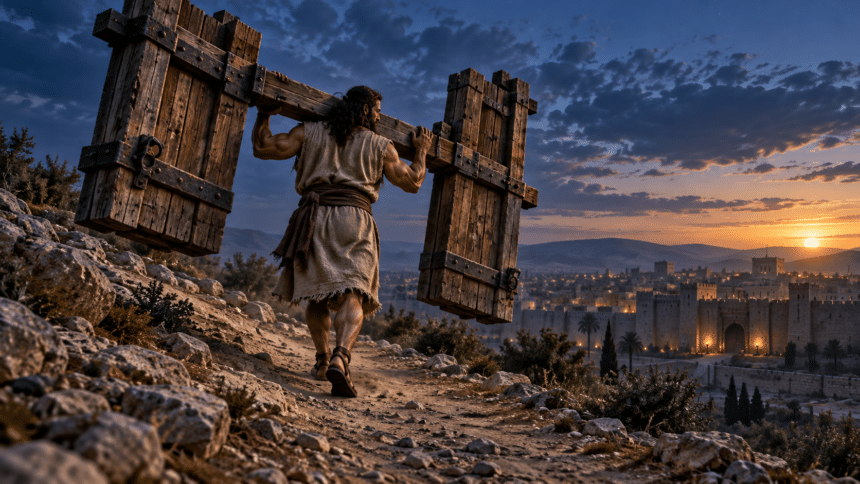Simson Carries the Gate of Gaza Samson carries the heavy wooden city gates of Gaza on his shoulders up a rocky slope.
