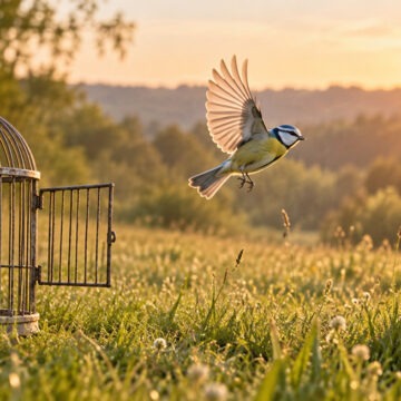 Gott schenkt Vergebung und eröffnet den Weg in ein neues Leben in Freiheit. Ein Vogel fliegt aus einem geöffneten Käfig über eine Wiese im Morgenlicht.