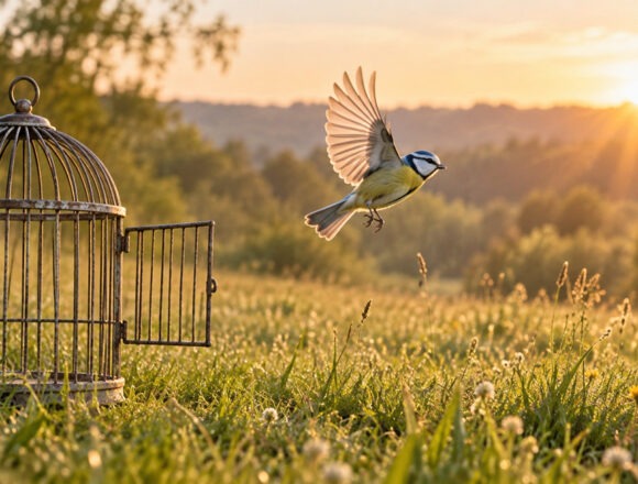 Gott schenkt Vergebung und eröffnet den Weg in ein neues Leben in Freiheit. Ein Vogel fliegt aus einem geöffneten Käfig über eine Wiese im Morgenlicht.