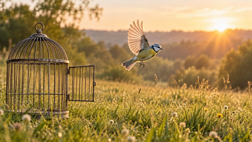 Gott schenkt Vergebung und eröffnet den Weg in ein neues Leben in Freiheit. Ein Vogel fliegt aus einem geöffneten Käfig über eine Wiese im Morgenlicht.